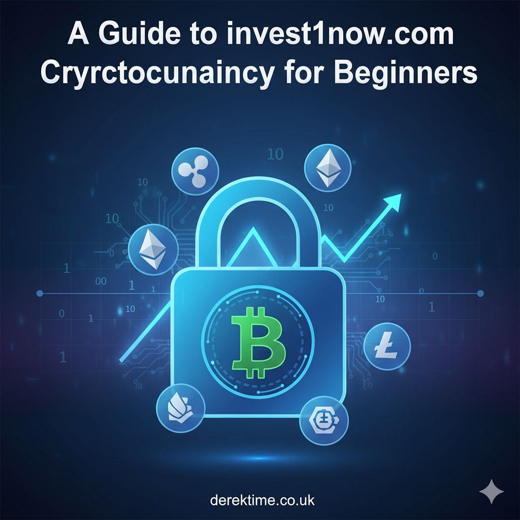 A modern illustration showing a person on a laptop managing their invest1now.com cryptocurrency portfolio with charts and coin symbols in the background.