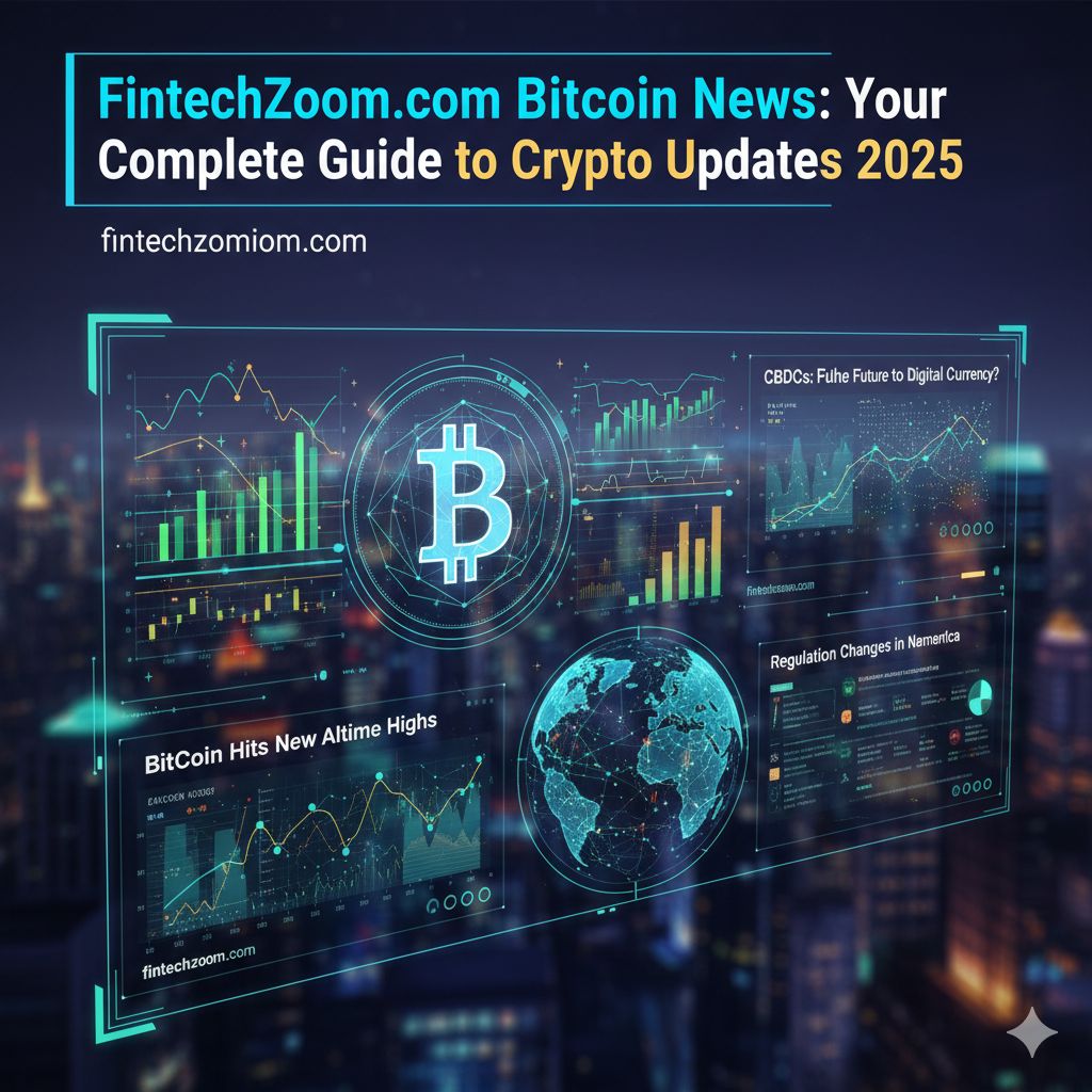 FintechZoom Bitcoin news dashboard showing cryptocurrency market updates, price charts, and analysis