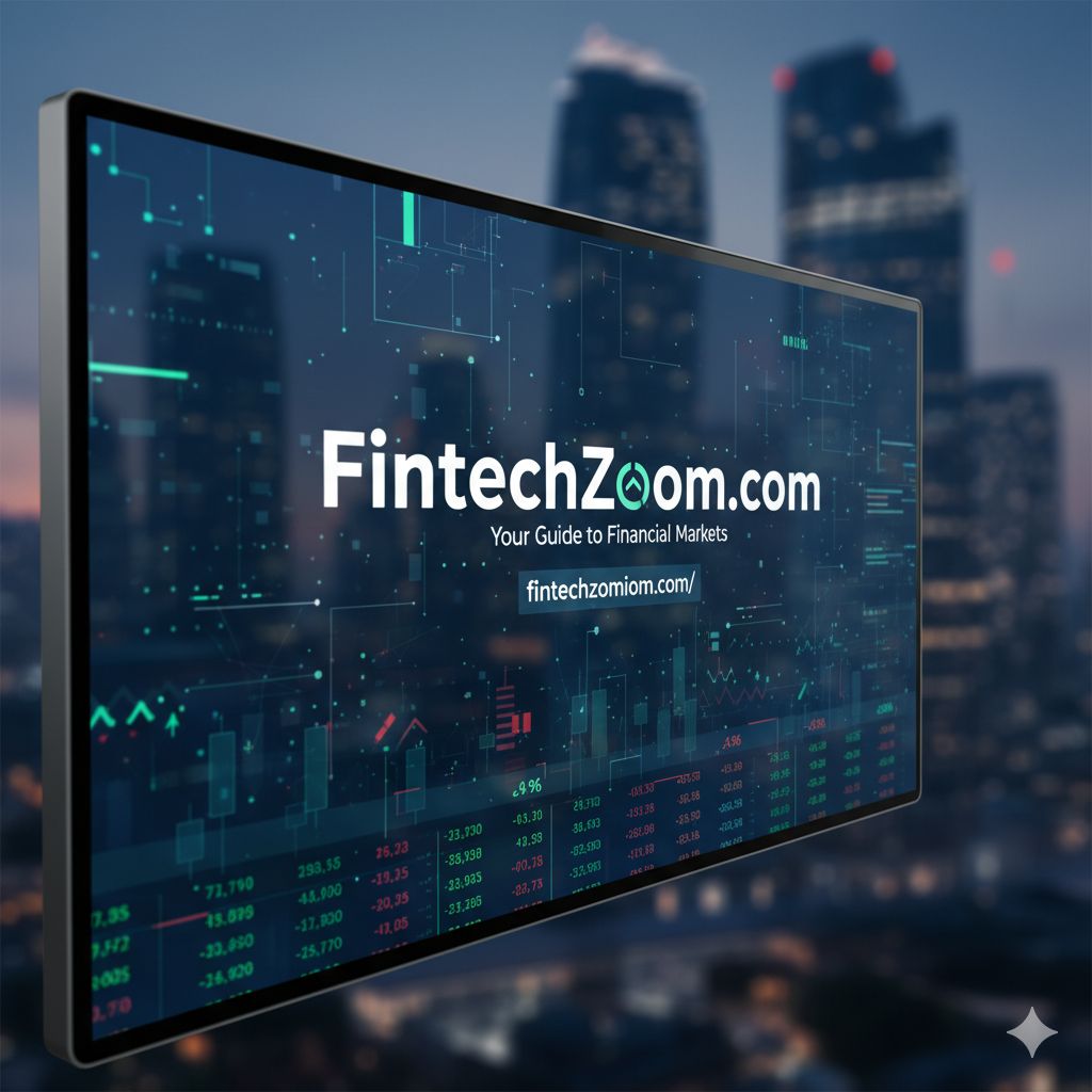 A person on a laptop browsing the fintechzoom.com website, with financial charts and graphs visible on the screen.