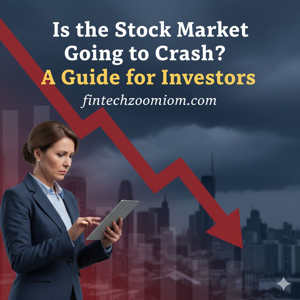 A chart showing a steep downward trend line on a stock market graph, representing a market crash, with concerned investors looking at the screen.