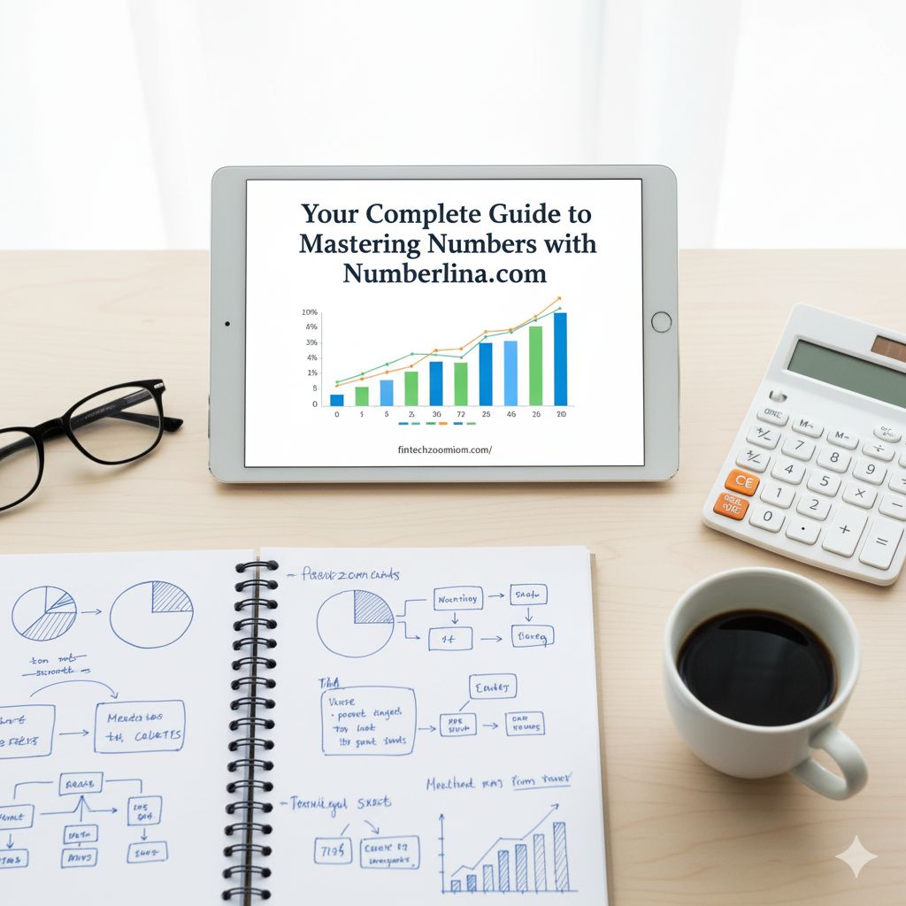 A person using a tablet to learn about data visualisation with numberlina.com, surrounded by study tools like a notebook and calculator.