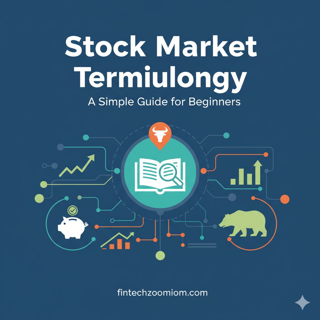 An illustration showing various stock market icons like bull and bear figures, charts, and dollar signs, representing the concept of stock market terminology.