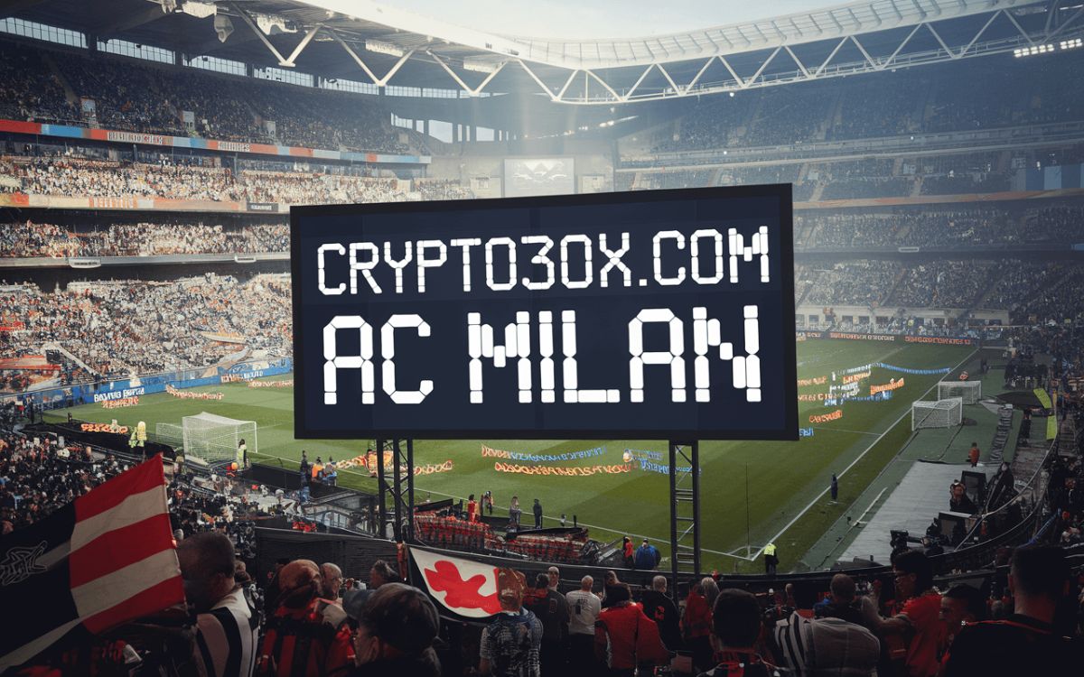 A graphic showing the AC Milan crest intertwined with digital blockchain patterns, symbolizing the partnership with Crypto30x.com.