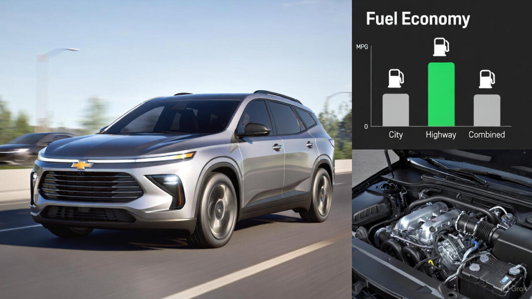 2025 Chevy Traverse on highway; Fuel economy chart for Traverse; Traverse engine close-up