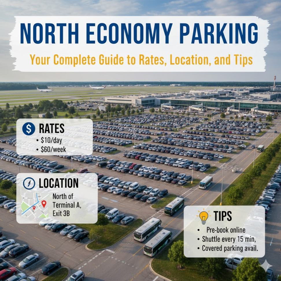 Aerial view of a large, well-organized north economy parking lot with shuttle buses traveling between rows.