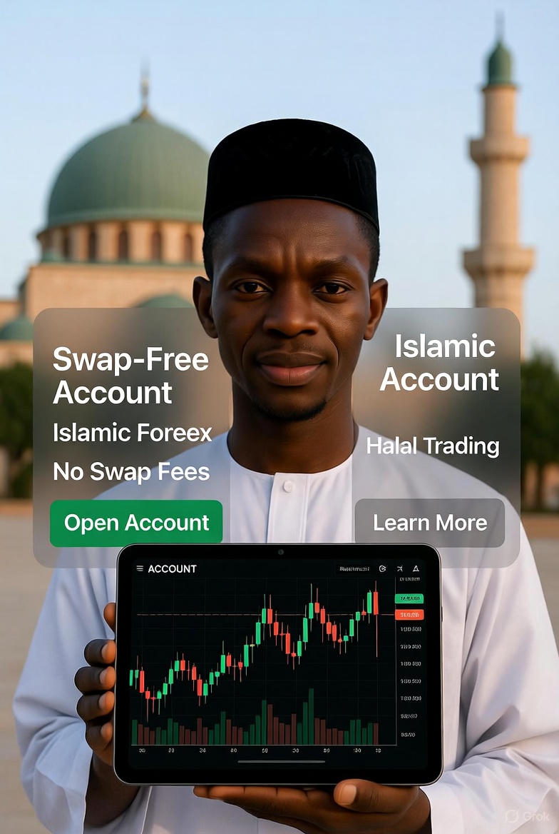 Islamic forex trading chart; Scholar discussing halal finance; Swap-free account interface